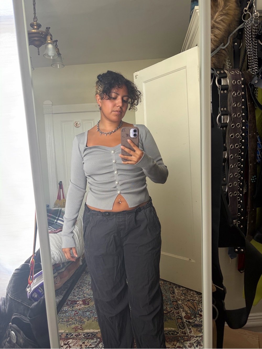 Grey Button-Front Long Sleeve Ribbed Top